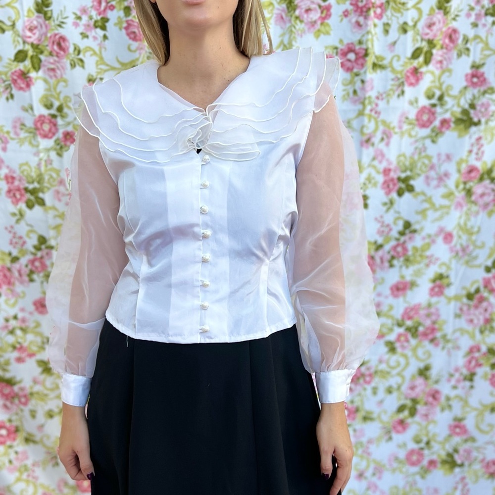 Vintage 80s white polyester organza shirt with statement collar.